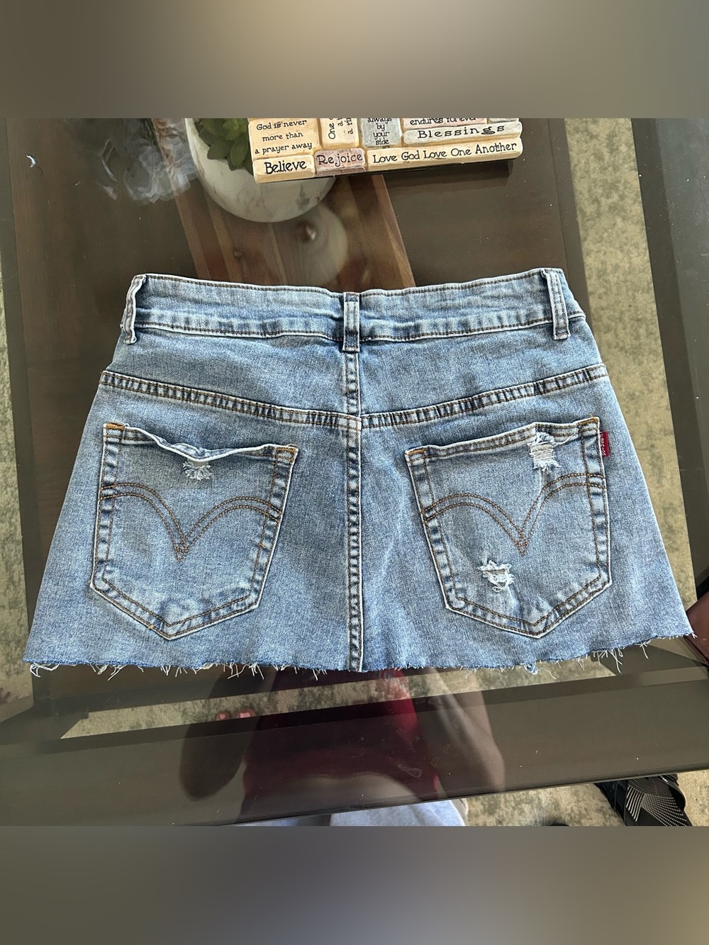 Denim Mini Skirt with Distressed Back Pockets - Light Blue